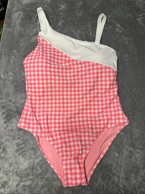 NWOT Members Mark One-Shoulder Pink Gingham 1 Piece Swimsuit w/White Trim Sz 3X